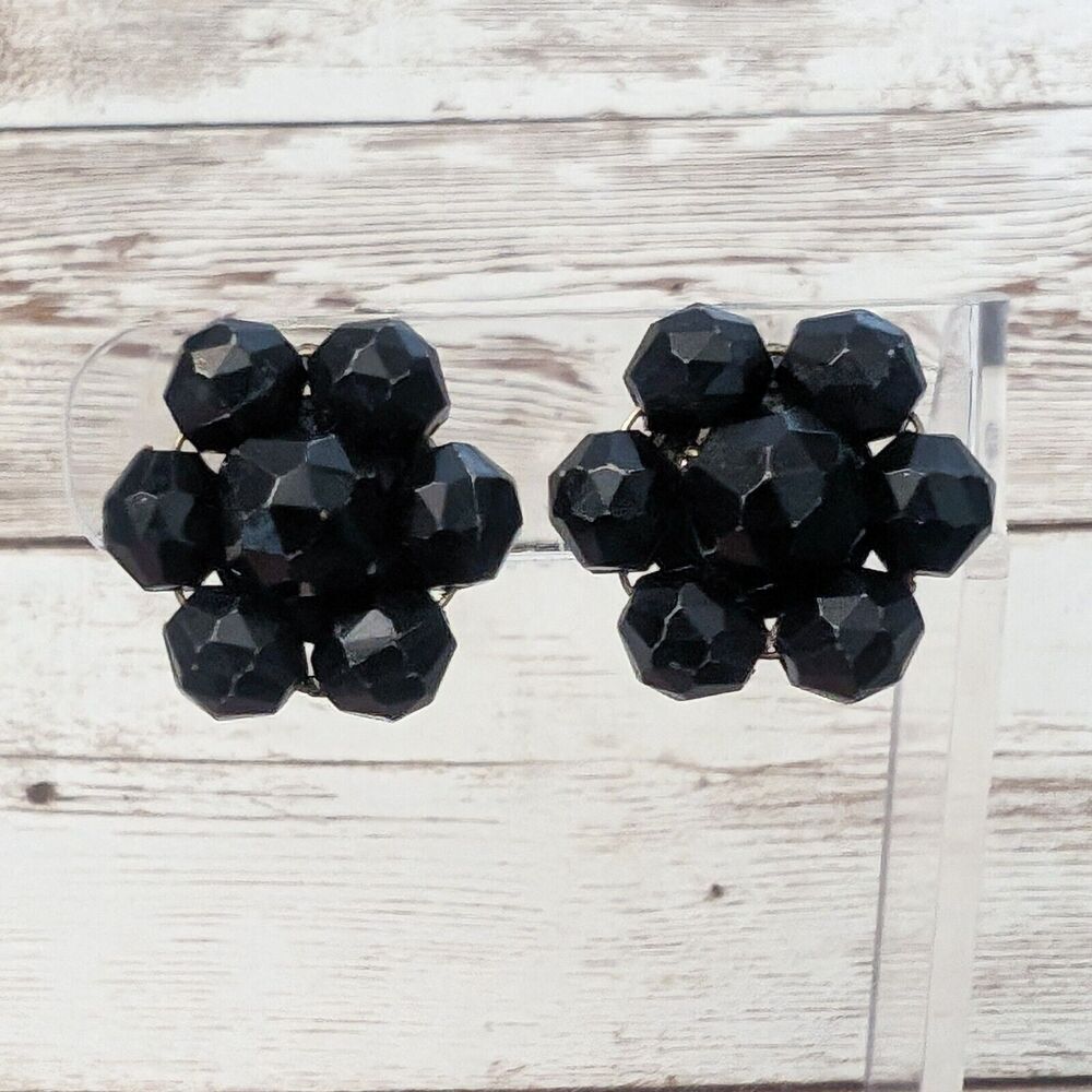Vintage Clip On Earrings - Beaded Black Flower Like Just Under 1"